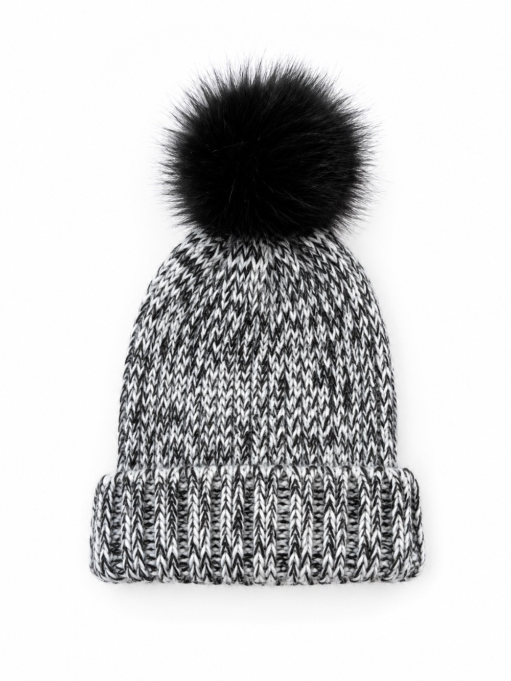 Knit Faux Fur Pom Pom Black Marled Beanie Hat